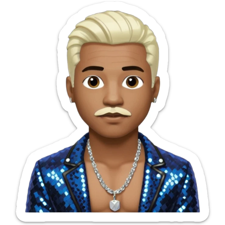 Sisqó with platinum blonde hair, black sequin jacket, shirtless with necklace, dark skin, dark brown thin mustache sticker