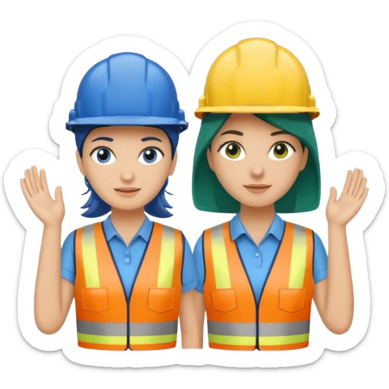Um homem e uma mulher amarelos com capacete de obras ambos azul escuro e camisa social cinza com faixas refletivas verdes nos braços, Um deles deve estar segurando um megafone de avisos sticker