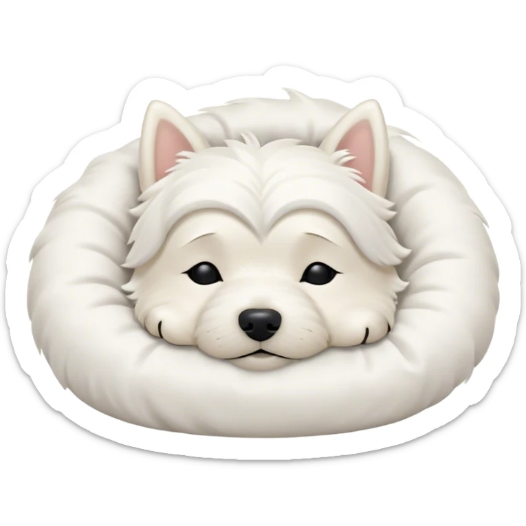 Meme-Worthy Cute Sleeping West Highland White Terrier Portrait Emoji, Head resting peacefully with a contented smile, showcasing a delightfully compact build and a luxuriously soft white coat, eyes shut in a serene nap, Simplified yet hilariously adorable features, highly detailed, glowing with a soft, drowsy light, high shine, relaxed and utterly lovable, stylized with an air of playful laziness, bright and heartwarming, soft glowing outline, capturing the essence of a comically sleepy companion, so meme-worthy it feels like it could instantly become the next viral sensation of adorable slumber! sticker