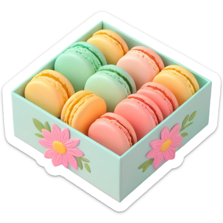 a box of macarons with a floral pattern, soft pastel colors, glossy finish, delicate and pretty sticker