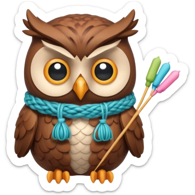 knitting owl portrait, head and shoulders only, cute owl holding knitting needles and yarn, cozy expression, warm handmade vibe, soft feathers, 3D cartoon style, mobile game icon style, clean background, no text, no watermark
 sticker