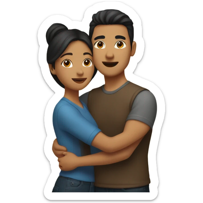 A brown colored woman and an asian men hugging togethef sticker