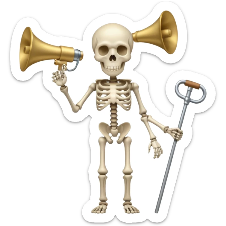HEADLESS SKELETON BUT A ROD ON THE HEAD PLACE ON THE ROD THERES TWO MEGAPHONES ON OPPOSITE SIDES ON THE ROD sticker