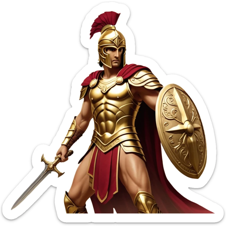 Cinematic-realistic Achilles, the unstoppable Greek warrior, standing fearlessly on the battlefield of Troy. His golden armor gleams under the scorching sun, each intricate engraving telling tales of his past glories. His piercing gaze locks onto his foe, his grip tightening around his ornate bronze sword as his crimson cape billows behind him. The dust swirls at his feet, the echoes of clashing weapons and distant war cries surrounding him, the essence of an immortal legend in motion. sticker