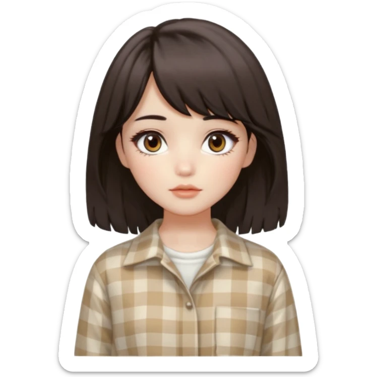A fair, neutral-toned girl with dark brown layered hair (medium length, curtain bangs) and almond-shaped brown eyes. Doll-like makeup with soft brows, manhwa lashes, and normal lips. Oval face. Wearing an off-white checkered shirt, baggy pants, and minimal silver jewelry. sticker