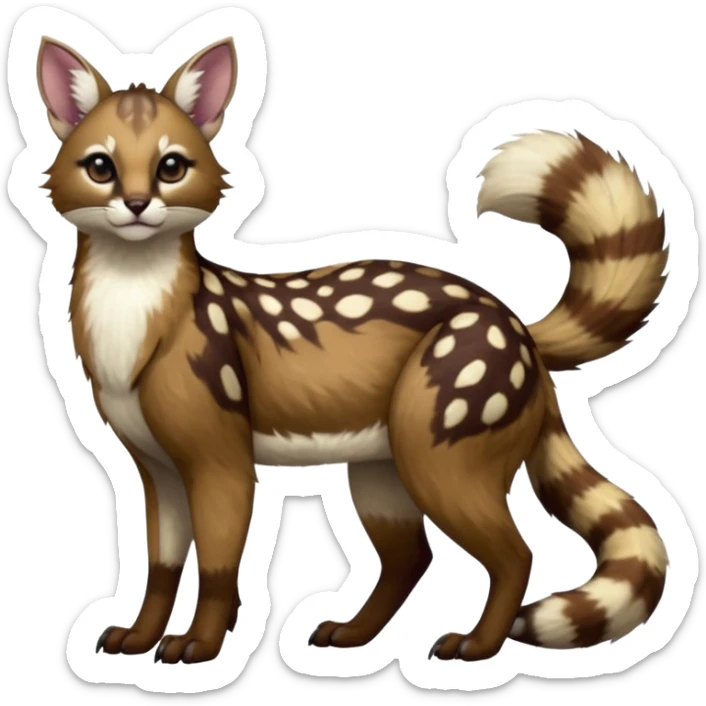 Colorful dark realistic chocolate-brown tropical beige fur glorious divine exotic cute cool beautiful shiny beautiful fantasy-Furret-Eevee-caracal-civet-genet-sergal-vernid-Cacomistle-oncilla-animal-Fakémon-hybrid-fursona with white deer-spots pattern markings (full body) sticker