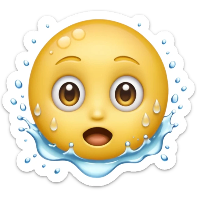 Classic yellow emojis face with super wide eyes and a large open mouth and a splash of water hitting its face sticker