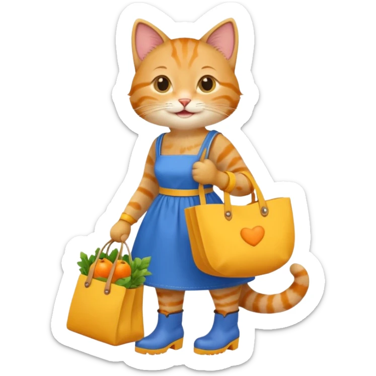 smiling-cat-in-a-blue-dress,-yellow-boots,-carrying-a-market-bag sticker