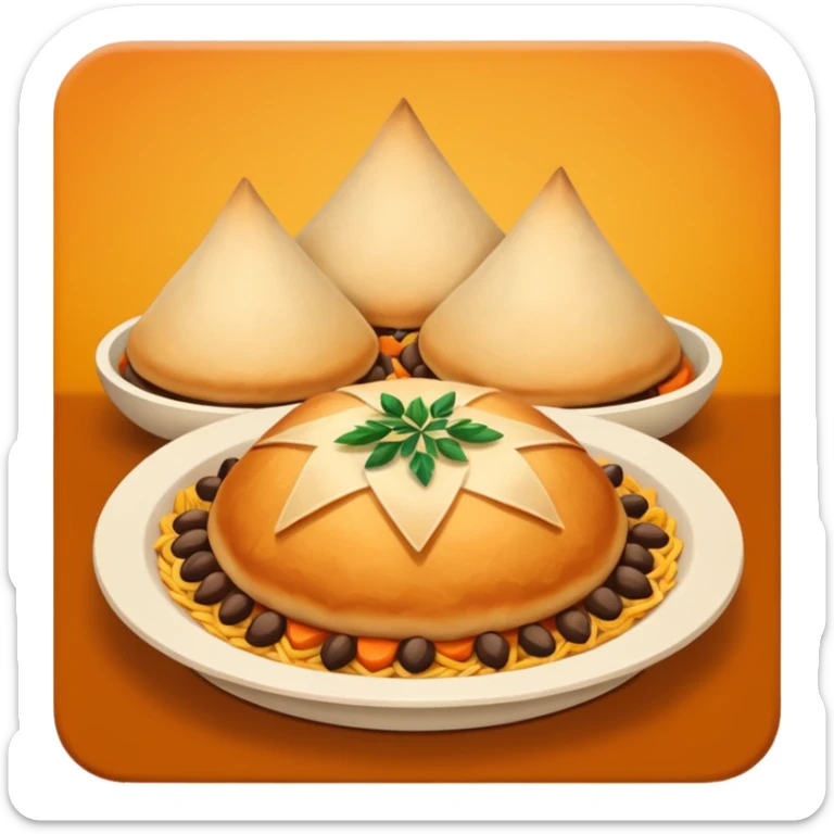 Uzbek cuisine humanless avatar in bright illustration. Classic dishes like plov and samsa, warm golden and earthy tones, simple shapes, flat design, high contrast, friendly and appetizing. sticker