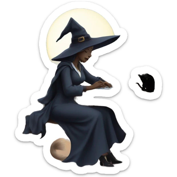 witch who works an office job with a computer and a coffee and a book of spells sitting outside under a full moon with a cat sticker