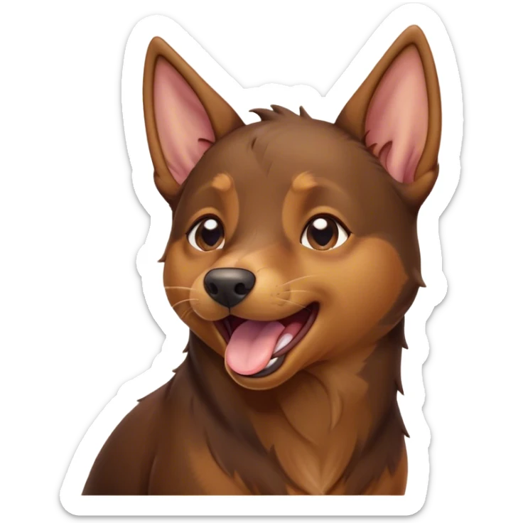 Cinematic Cute Yawning Brown and Tan Kelpie Portrait Emoji, Head tilted slightly with a dramatic, wide-open yawn, showcasing a smooth brown Fur with distinct tan highlights, floppy ears slightly drooping, round warm eyes barely open in drowsy contentment, Simplified yet irresistibly adorable features, highly detailed, glowing with a soft, cozy glow, high shine, relaxed yet expressive, stylized with a touch of whimsy, bright and endearing, soft glowing outline, capturing the essence of a sleepy yet affectionate herder, so drowsy it feels like it could stretch out of the screen and curl up for a nap! sticker