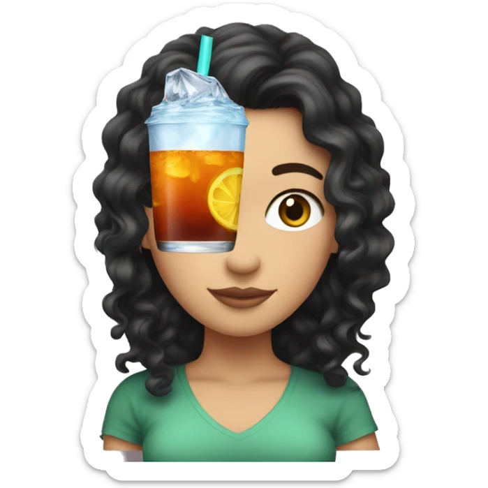 white girl with long black curly hair holding a brisk ice tea sticker