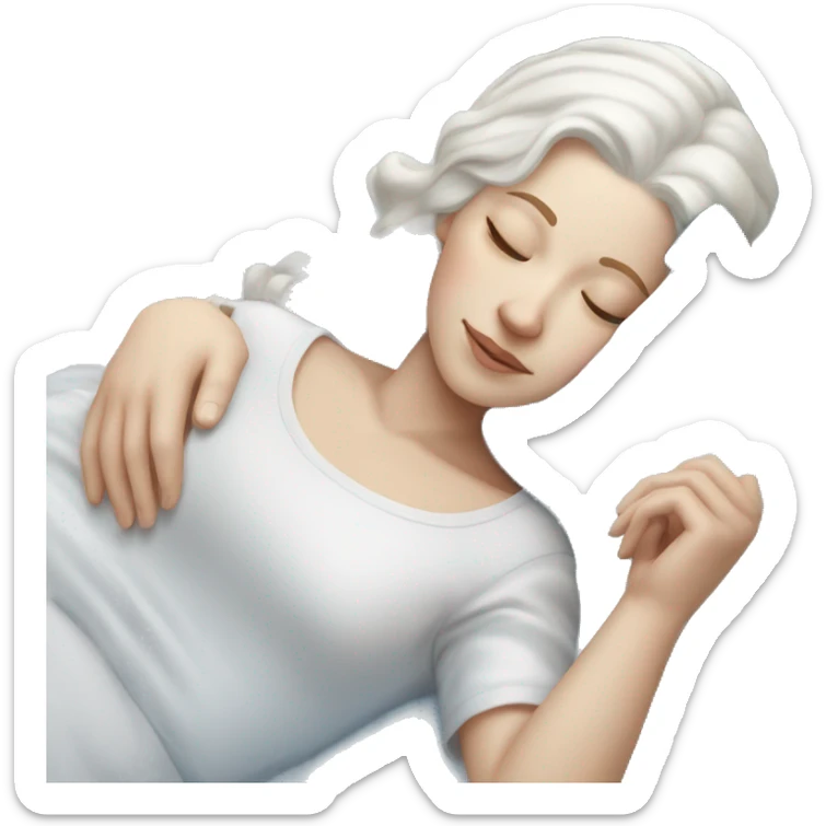 white female with white hair with a blue bow asleep on a blue-white bed sticker