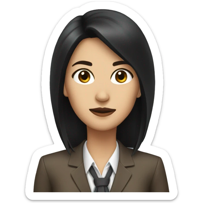 Female defense attorney with long black hair with brown suit sticker
