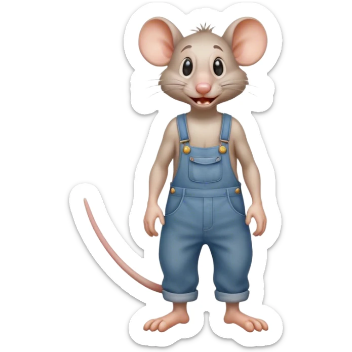 dizzy cartoon hillbilly rat wearing overalls no shirt. standing and talking full body. human eyes. teeth showing talking sticker