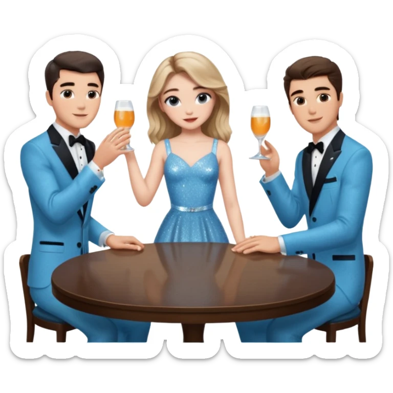 Sabrina’s carpenter in a light blue sparkly dress at a table with 3 handsome men facing each other and she is standing up putting her hand out. There are drinks on the table  sticker