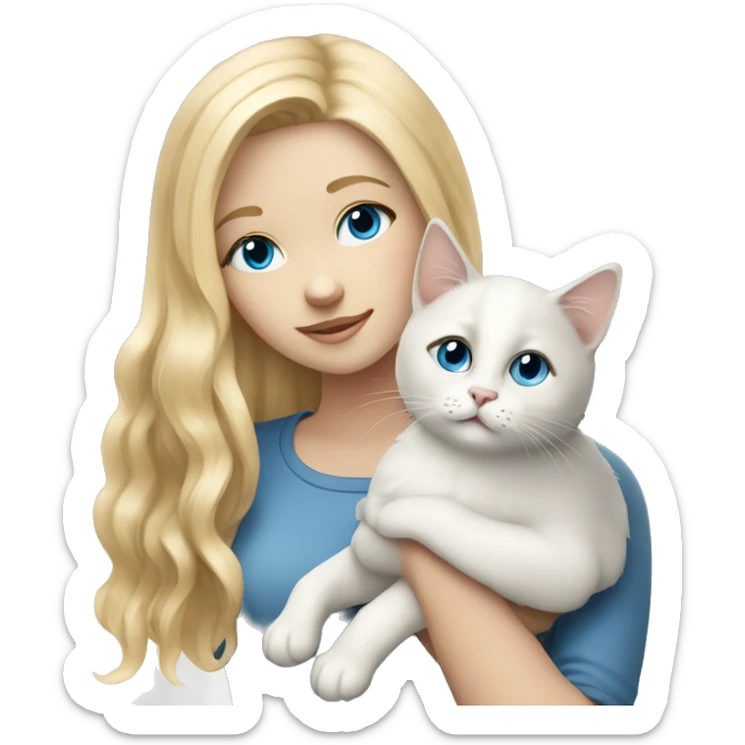 blonde girl with blue eyes holding a white and gray cat sticker