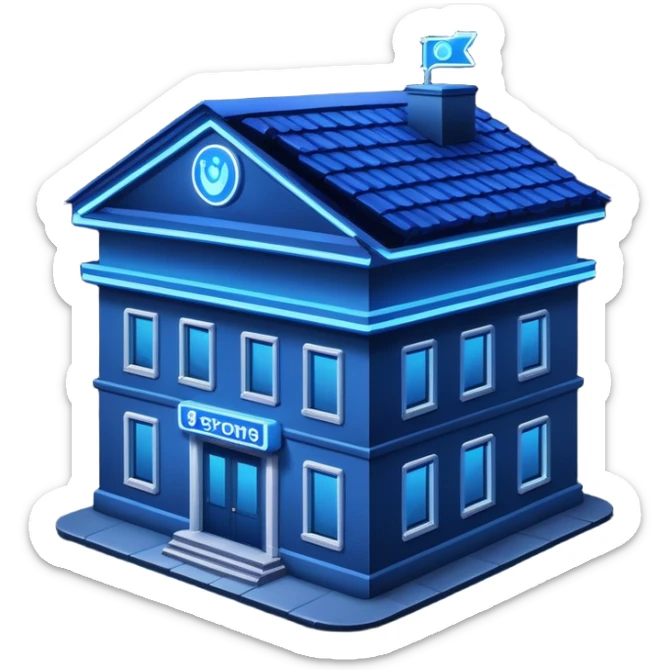 A building in the night with a blue logo on the roof sticker