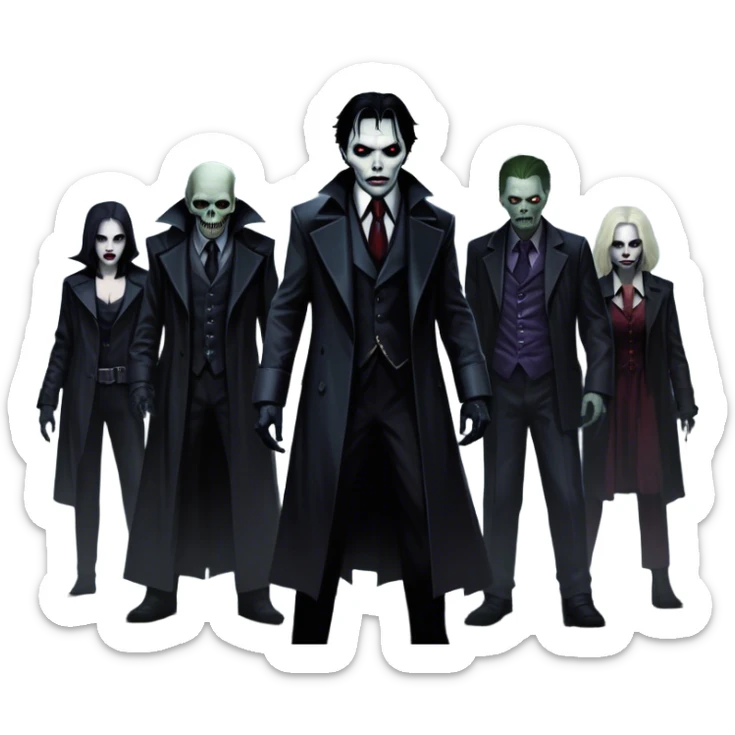 Icon for Thriller Movies: A large, dramatic collage featuring sinister villains and zombies in dark clothing. The background shows the gloomy cityscape of Gotham with dim lighting and eerie shadows. The atmosphere should be tense, mysterious, and suspenseful. Transparent background. sticker