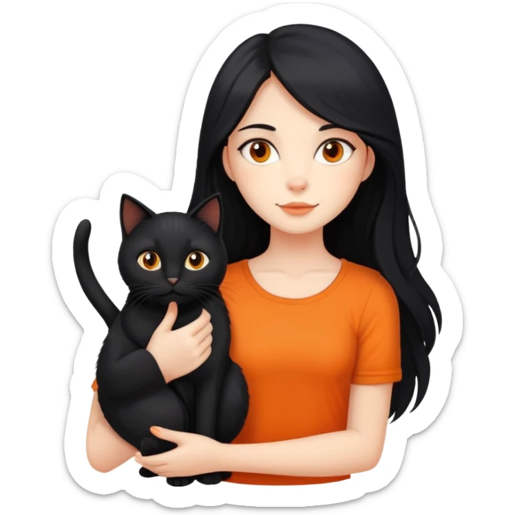A black long haired girl holding a black cat and an orange long haired cat sticker
