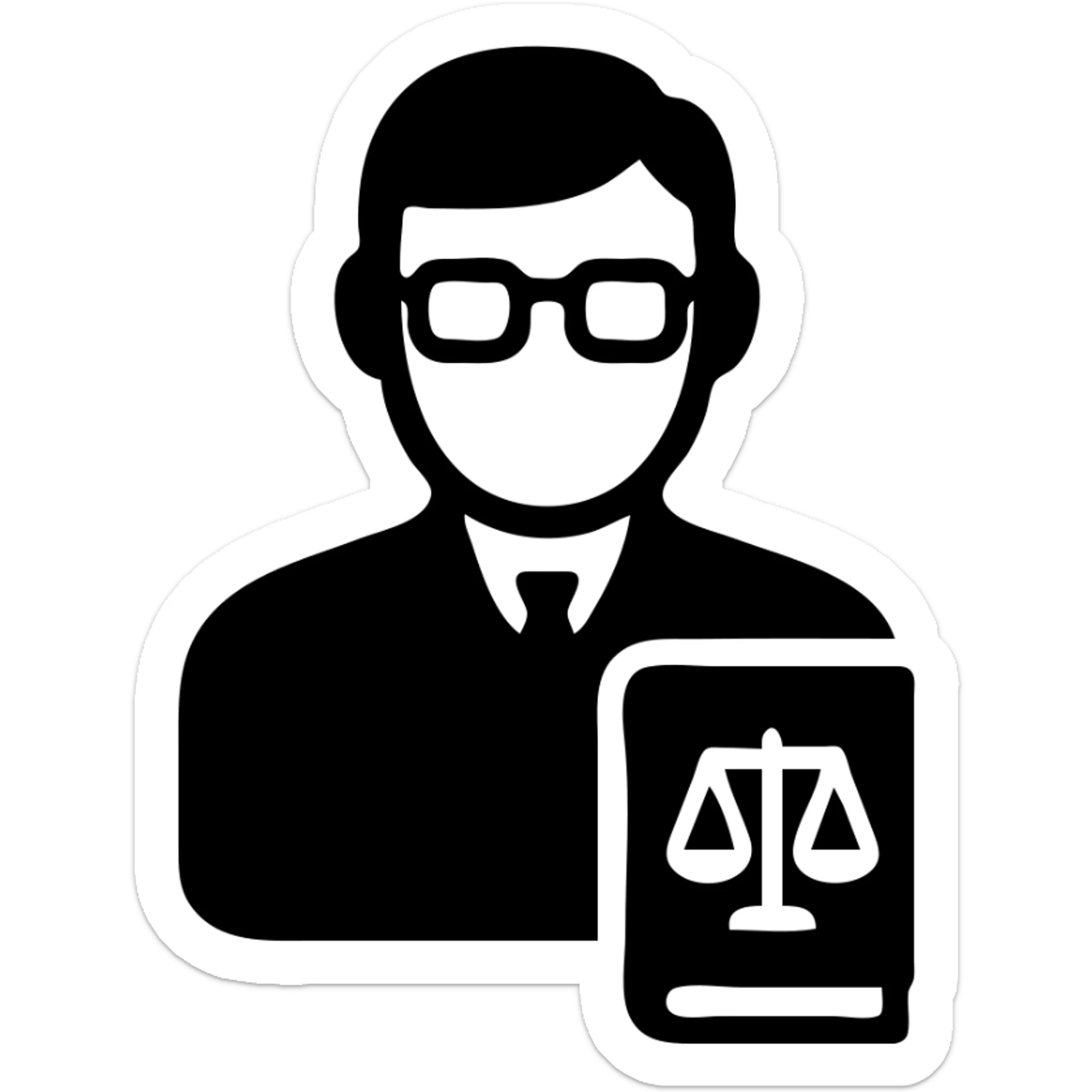 legal expert icon, person with glasses and law book sticker