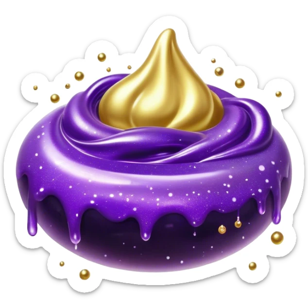 Cinematic Realistic Shiny Slime Mixed with Glitter, thick and glossy with swirling metallic flecks suspended inside, a dynamic mix of deep purple and golden sparkles, light catching every shimmer, flowing smoothly with realistic folds and ripples, glowing with an enchanting, almost liquid-metal effect. sticker