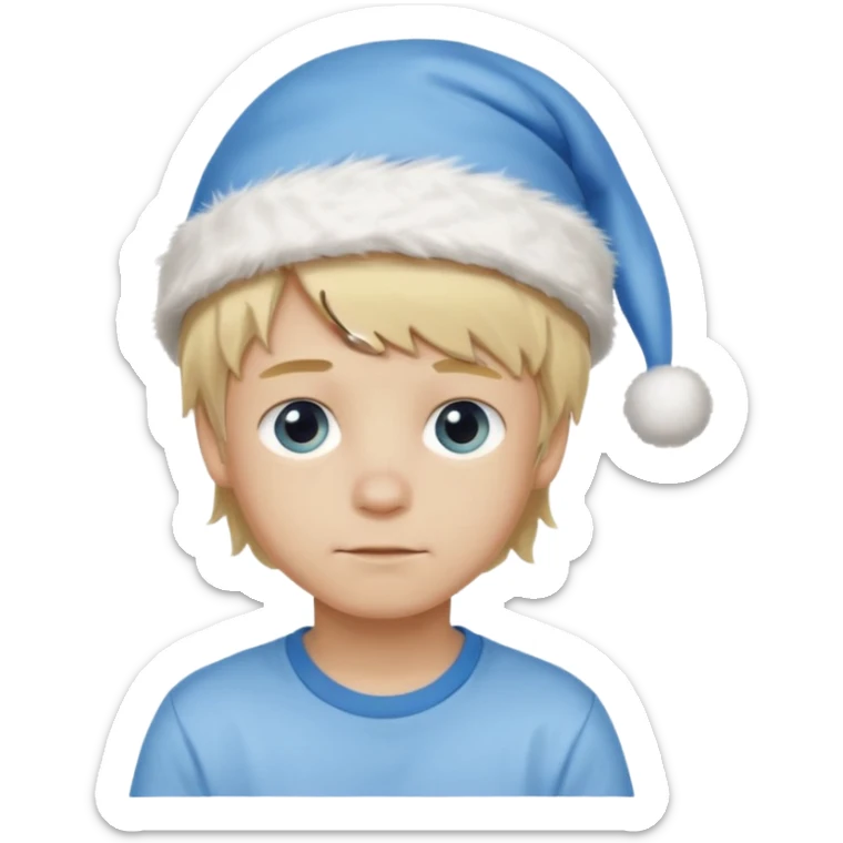 create boy blonde hair long messy, light eyes, white t shirt, rich, long hair, eyes blue, acessory head cristimas blue hat sticker