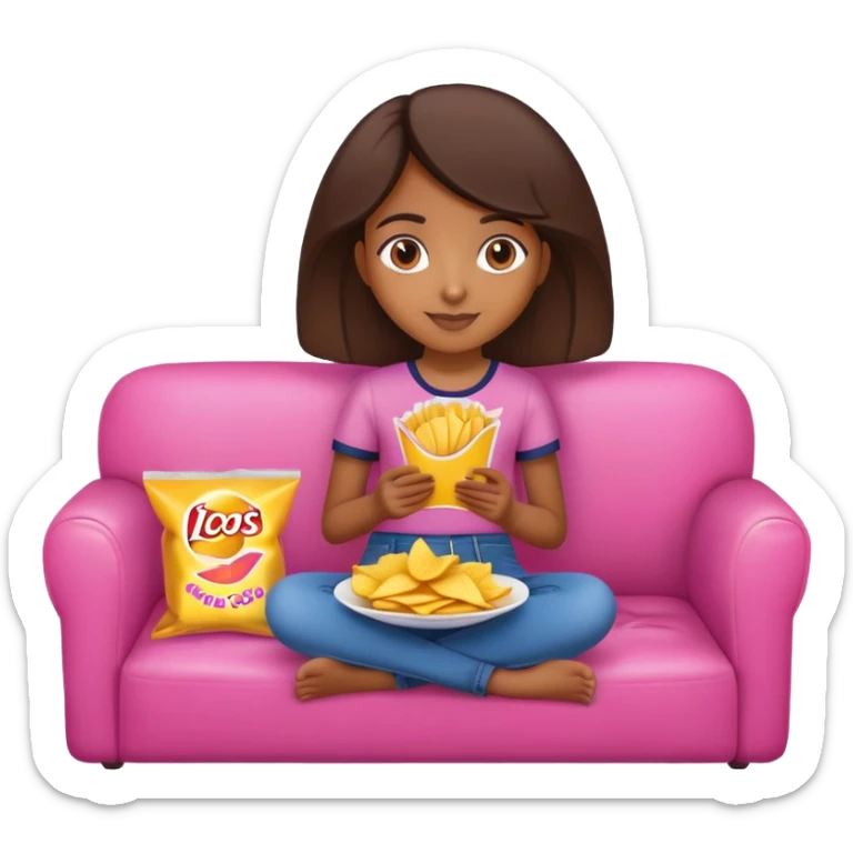 home brown girl with plate of chips, sitting at the pink sofa sticker