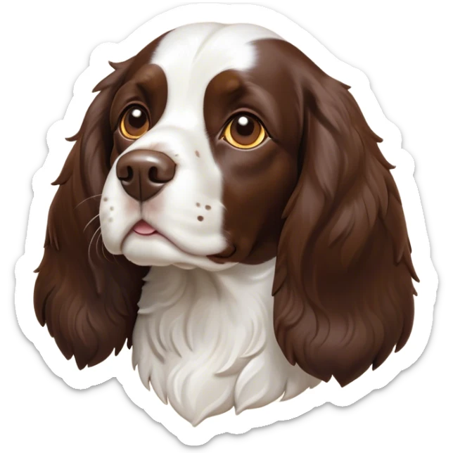 Cinematic Noble Springer Spaniel Portrait Emoji, Poised and regal, with a medium build and a glossy, well-groomed Fur of rich liver and white, deep-set soulful brown eyes, Simplified yet sharp and sophisticated features, highly detailed, glowing with a soft, dignified glow, high shine, intelligent and alert, stylized with an air of grace, focused and attentive, soft glowing outline, capturing the essence of a watchful and confident companion, so majestic it feels as though it could bound out of the screen with effortless authority! sticker