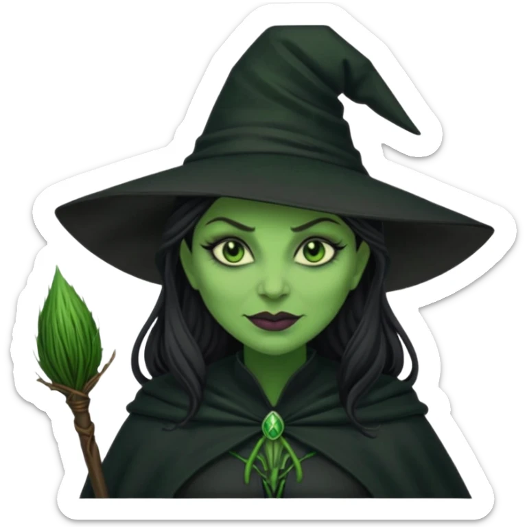 elphaba wicked witch with broom close up, evil dark coily long dark hair, green skin, thick green lips, cheekbones, smirk evil menacing cythia erivo dark aesthetic black hat cloak o sticker