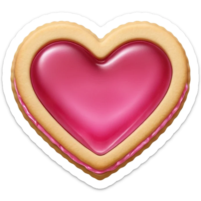 Realistic shortbread cookie in the shape of a heart with pink jelly sticker