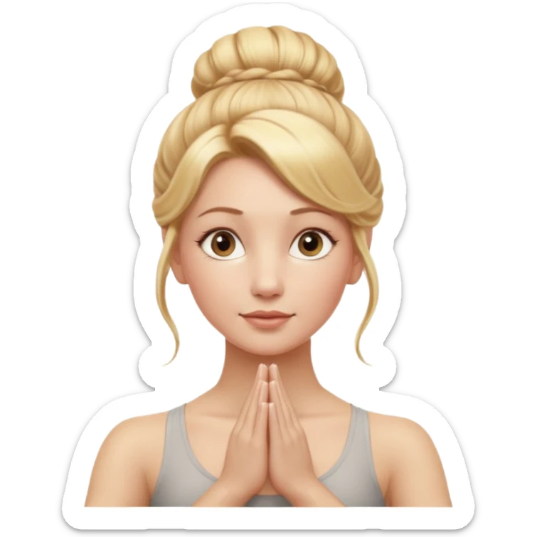 Cinematic Realistic yoga Portrait, depicted with lifelike skin texture, subtle rosy undertones, and soft natural lighting that enhances the gentle contours of her face. Her intricately detailed golden blonde hair is elegantly styled in an updo, sticker