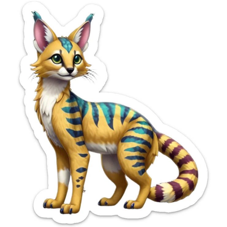 Colorful dark tropical exotic cute cool beautiful shiny beautiful fantasy-caracal-civet-genet-sergal-vernid-serval-Gryphon-Cacomistle-Trico-oncilla-animal-Fakémon-hybrid-fursona (full body) sticker