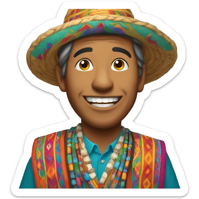 Generates an emoji of a joyful Peruvian man in colorful attire sticker