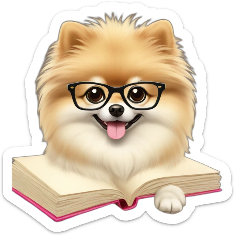 Smart cream color pomeranian dog in glasses and with book sticker