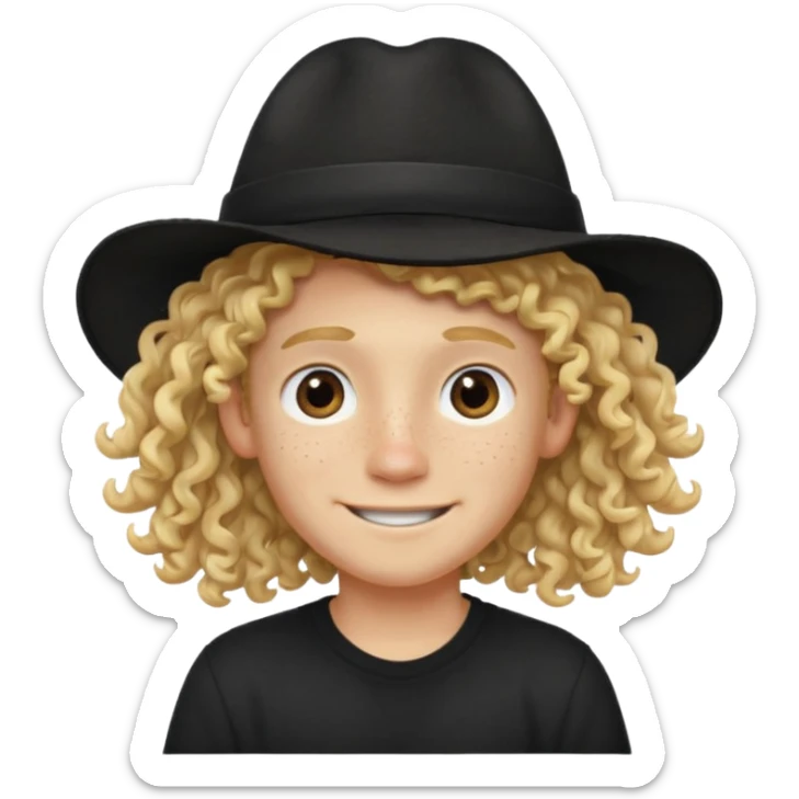 blonde boy with long curly hair past his hears and a LA hat, smiling, wearing a black shirt with freckles sticker