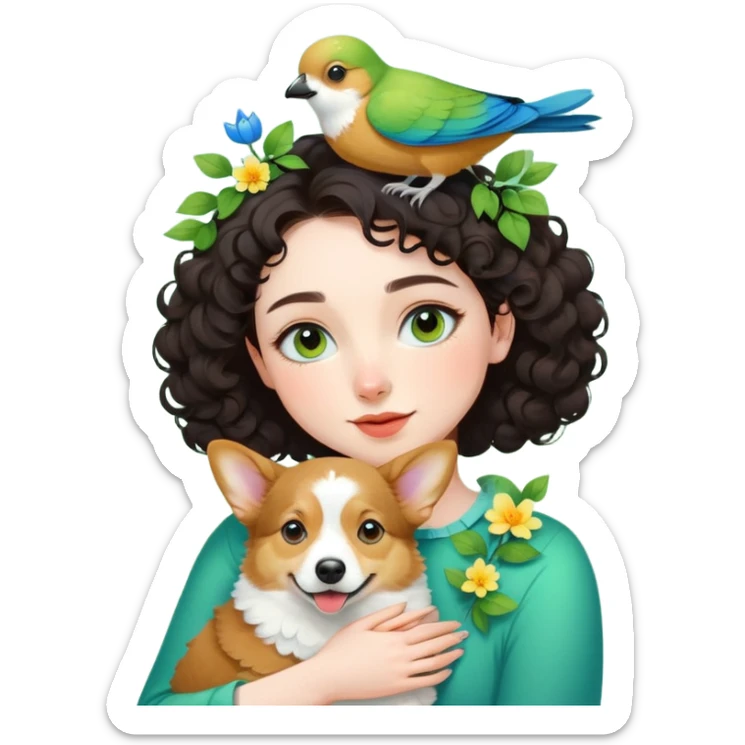 Dark short curly hair with pale skin and thin eyebrows girl hugging a welsh corgi. And a green-reddish lovebird on her head with yellow, blue love birds around her. sticker