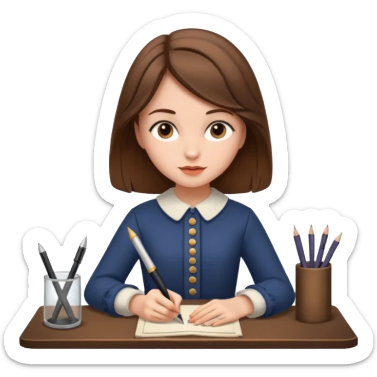 a girl is Writing in a Paper in a vintage outfit with old type pen  sticker