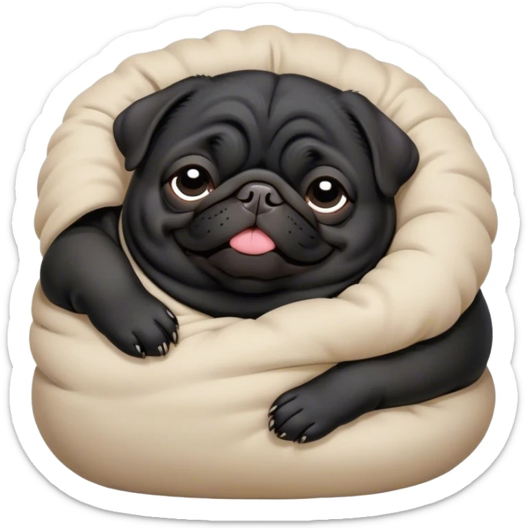 Cinematic Meme-Worthy Chubby Sleeping Black Pug Portrait Emoji, Head resting peacefully with a contented smile, showcasing a delightfully chubby build and a luxuriously soft black coat, eyes shut in a serene nap, Simplified yet hilariously adorable features, highly detailed, glowing with a soft, drowsy light, high shine, relaxed and utterly lovable, stylized with an air of playful laziness, bright and heartwarming, soft glowing outline, capturing the essence of a comically sleepy companion, so meme-worthy it feels like it could instantly become the next viral sensation of adorable slumber! sticker