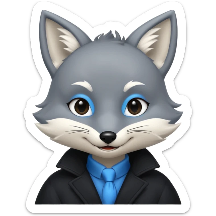 Grey anthropomorphic furry fox with a black coat, blue eyes, and a small fringe of black hair in head, smiling sticker