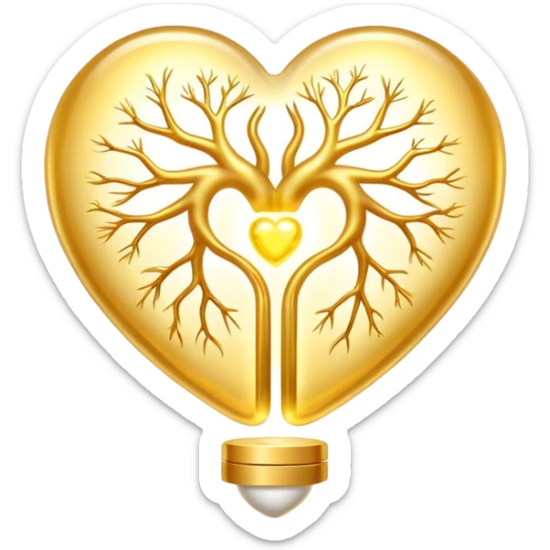 Glowing golden omega-3 pill with ethereal aura, connected by flowing energy to a luminous brain and heart. The brain shows enhanced neural activity while the heart pulses with healthy rhythm, all surrounded by a soft radiance representing improved cognitive and cardiovascular health. sticker