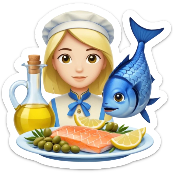 Mediterranean cuisine avatar in clean emoji-style illustration. Olive oil, fish, lemon, blue and sunny colors, light and fresh mood, flat design, high contrast. sticker