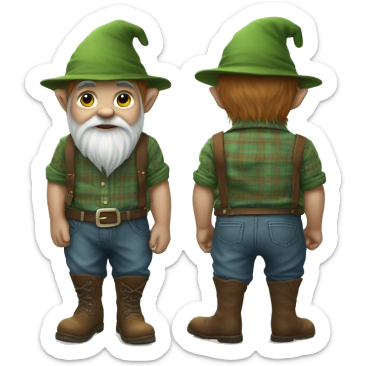 
Full-length gnome, young, with a blue woolen hat, brown boots and a green plaid shirt. The body should be cartoonish and not realistic. sticker