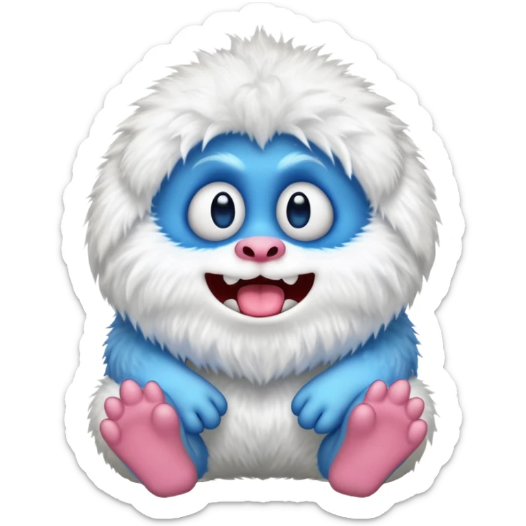 Mammott from My Singing Monsters as an emoji, sitting, fluffy white fur, big blue lips, happy face sticker