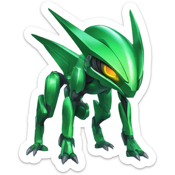 a shiny green Genesect-Raptor-Fakémon—hybrid with a futuristic visor-helmet full body sticker