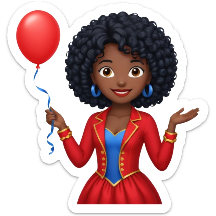 woman with curly black hair and dark face red costume, holding blue balloon sticker