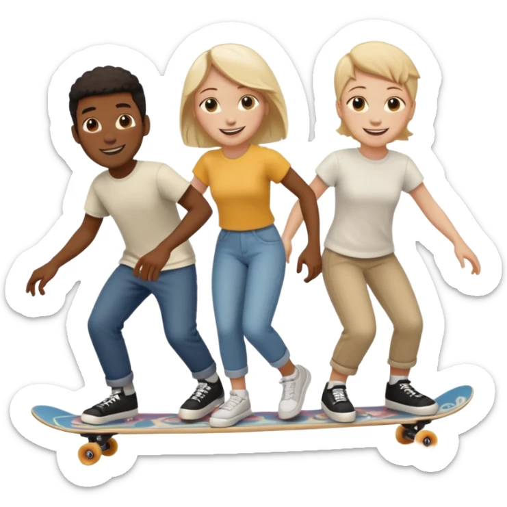 Four people (two black guys, one white guy, one white girl) on one long skateboard sticker