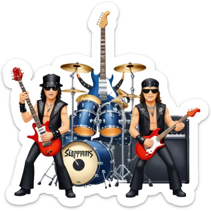 Icon for Rock Music: Scorpions live concert on stage with electric guitars, drums, and a powerful spotlight. Klaus Meine at the microphone, Rudolf Schenker and Matthias Jabs playing guitars, dynamic stage presence, and electric energy. Transparent background. sticker
