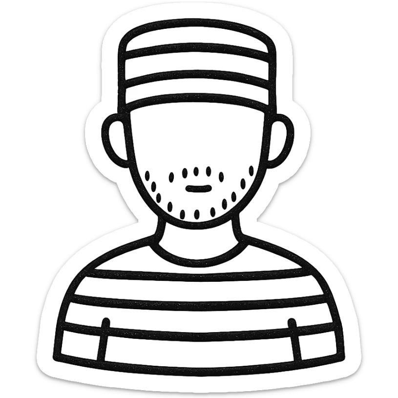 male prisoner wearing striped prison uniform, hand drawn outline icon style, no background sticker
