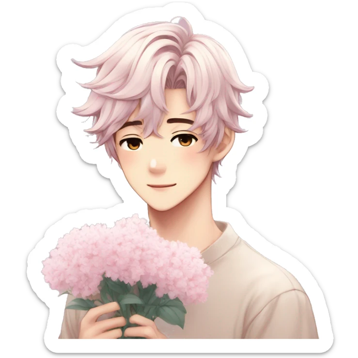Gorgeous pastel anime style shojo guy with blushing face and flowers aesthetic trending style outside sticker